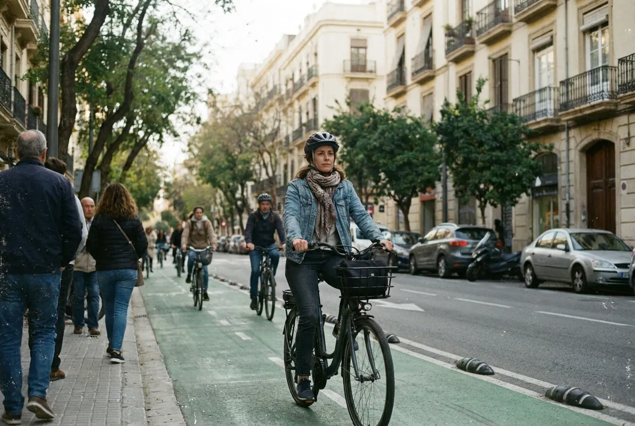 Imagen generada con IA: una mujer con casco va en bici eléctrica por un carril bici de Valencia