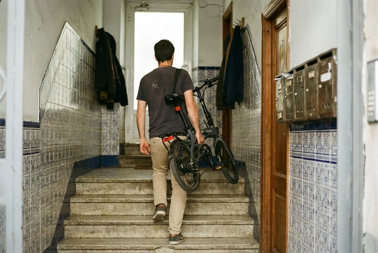 Imagen generada con IA: un hombre sube a pulso una bici eléctrica plegable por la escalera de un portal antiguo de Madrid
