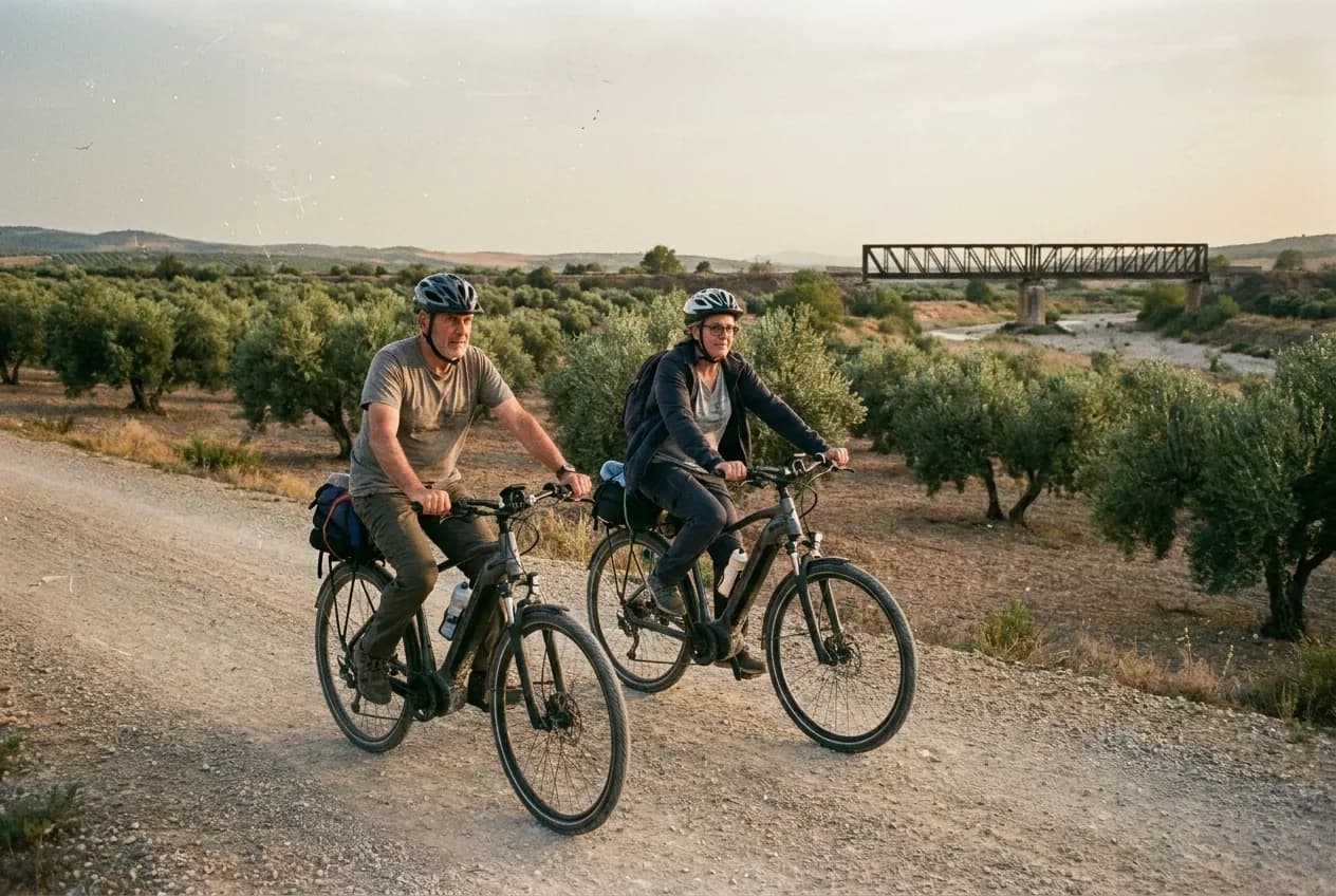 Imagen generada con IA: dos personas pedalean en bici eléctrica por una vía verde entre olivos en Jaén